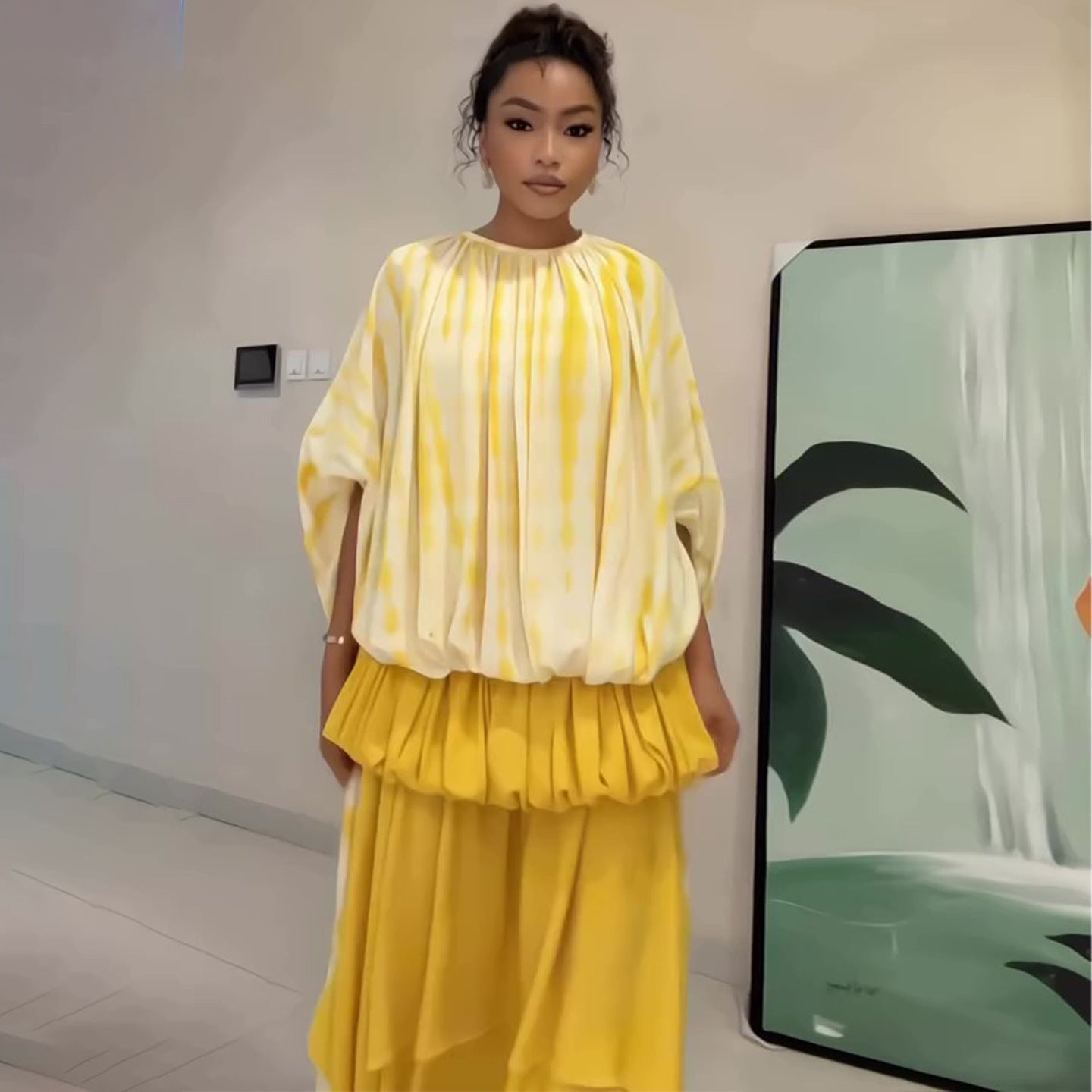 Yellow and white printed skirt suit elegant holiday style bat sleeve skirt