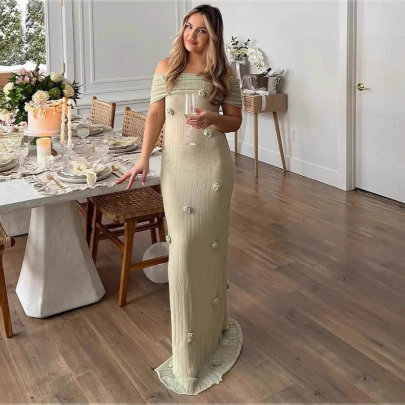 Women's slim-fitting three-dimensional flower hip skirt one-shoulder evening dress long skirt