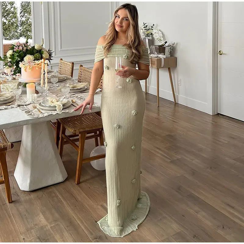 Women's slim-fitting three-dimensional flower hip skirt one-shoulder evening dress long skirt