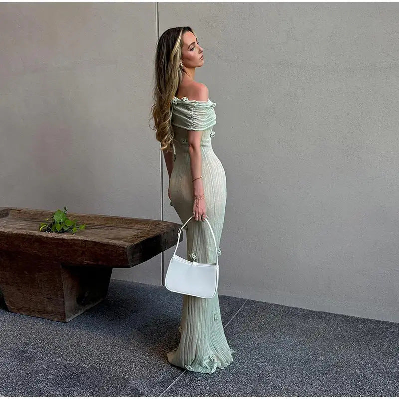 Women's slim-fitting three-dimensional flower hip skirt one-shoulder evening dress long skirt