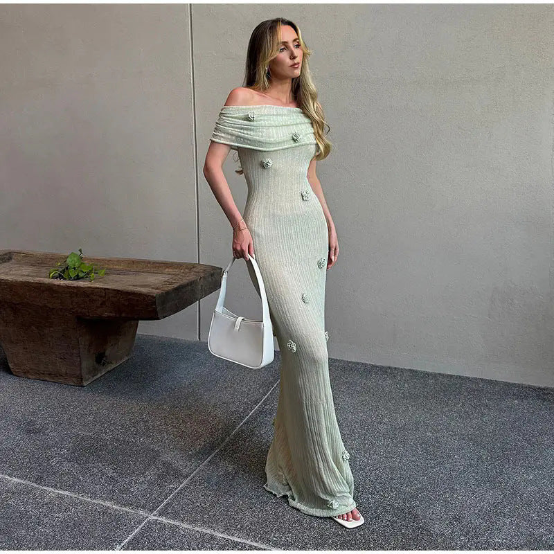 Women's slim-fitting three-dimensional flower hip skirt one-shoulder evening dress long skirt