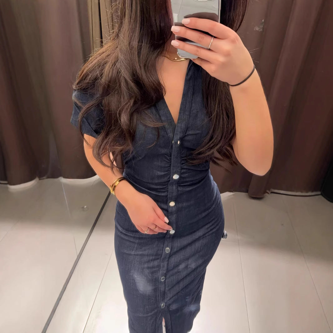 Denim short-sleeved high-waisted slim-fit dress with pleats at the waist