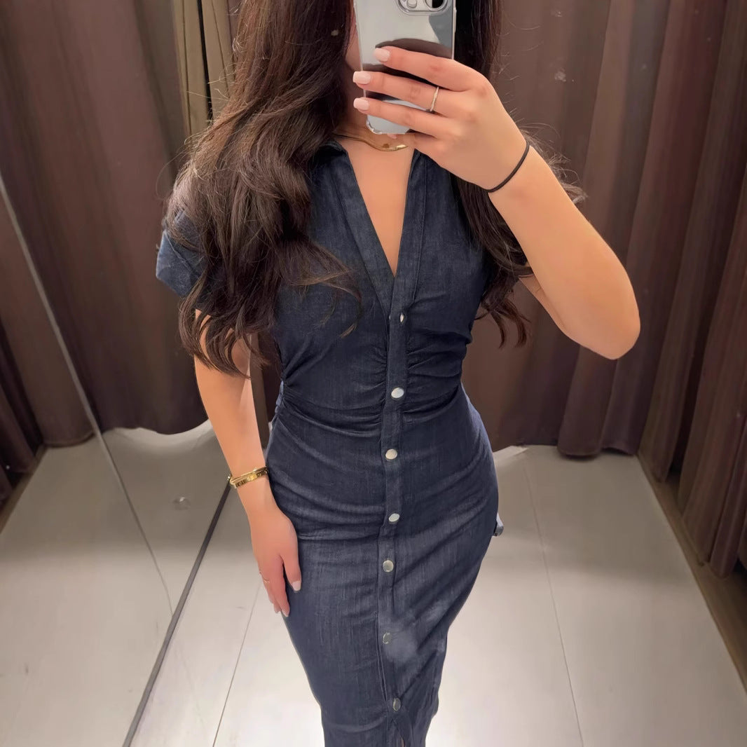 Denim short-sleeved high-waisted slim-fit dress with pleats at the waist