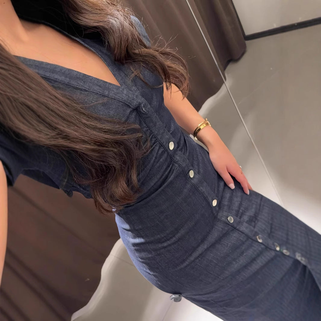 Denim short-sleeved high-waisted slim-fit dress with pleats at the waist