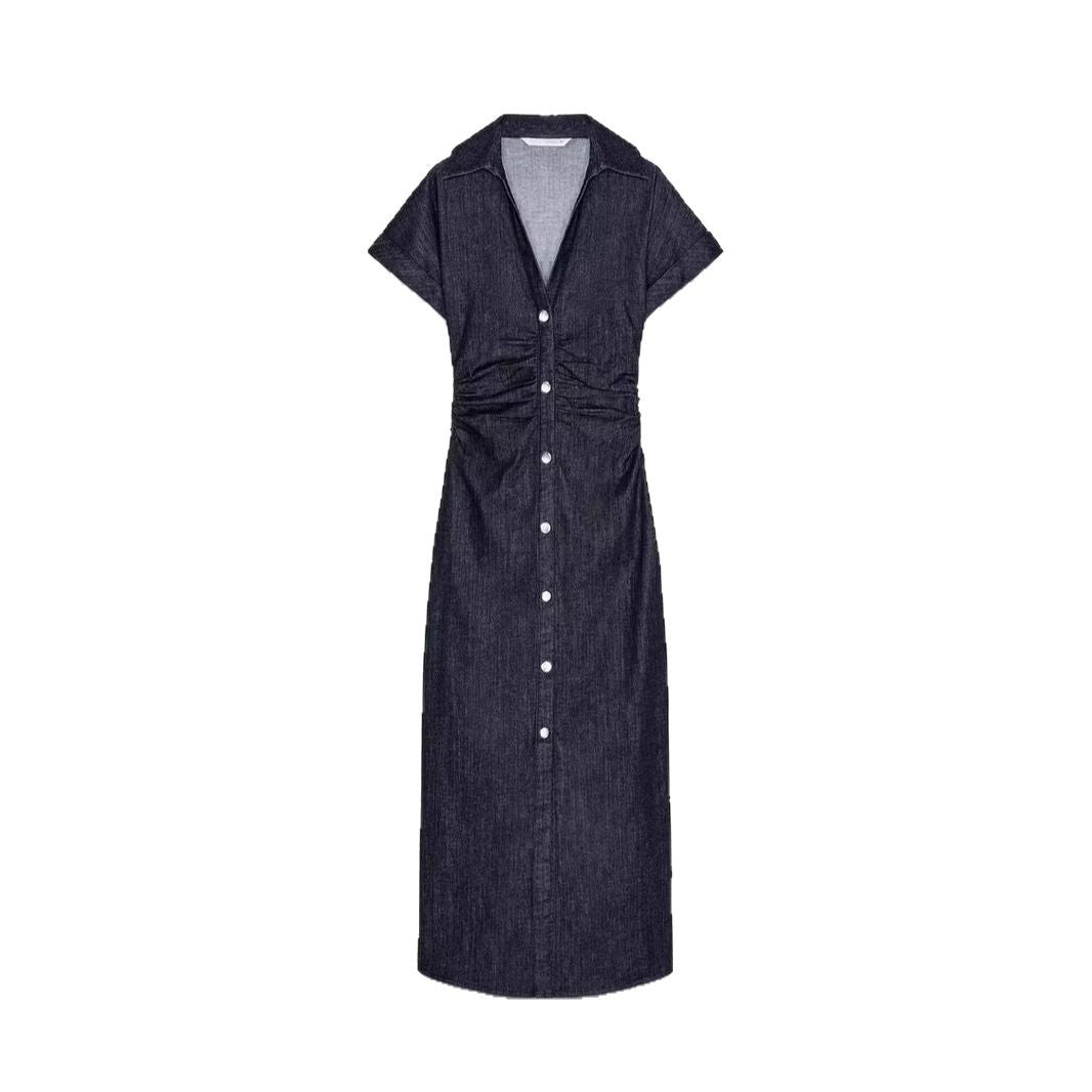 Denim short-sleeved high-waisted slim-fit dress with pleats at the waist