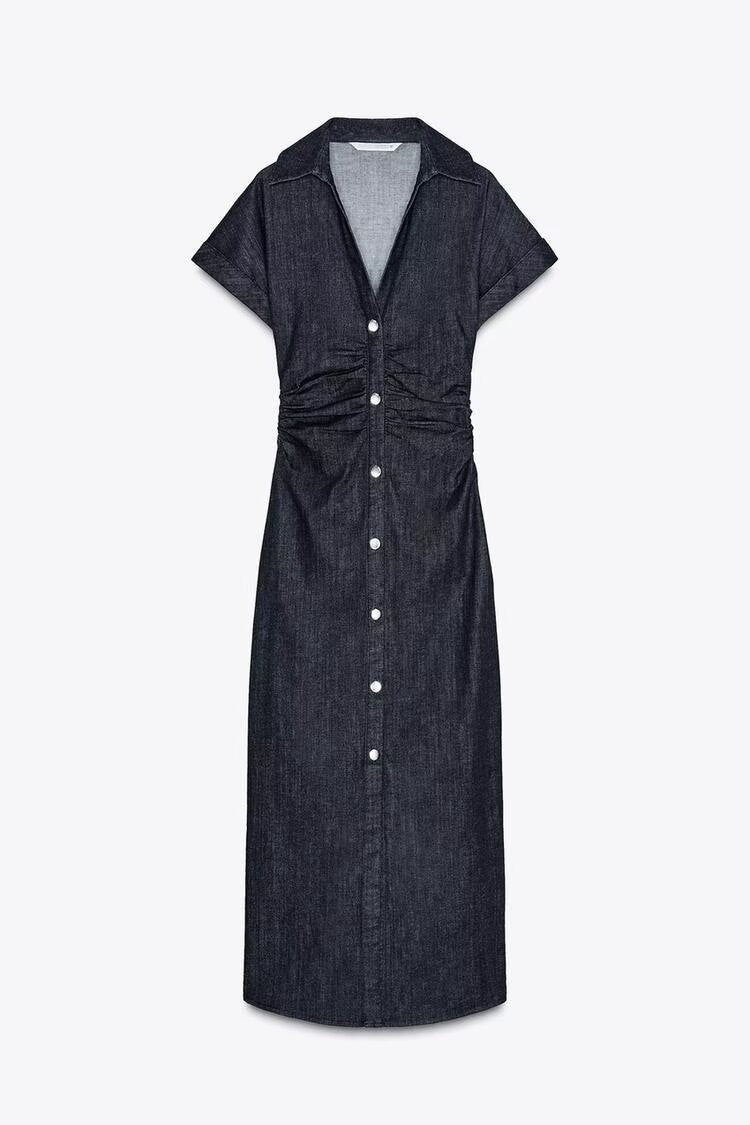 Denim short-sleeved high-waisted slim-fit dress with pleats at the waist