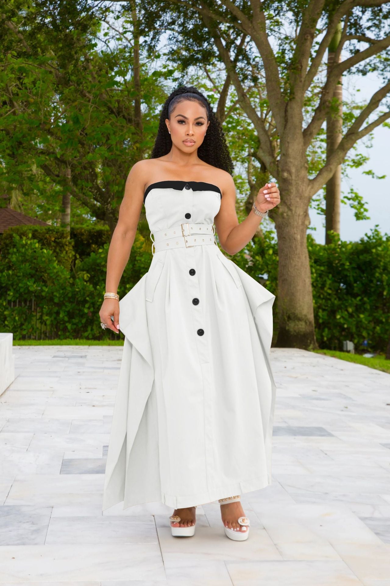 Single-breasted double-belt wrap dress with a wide skirt