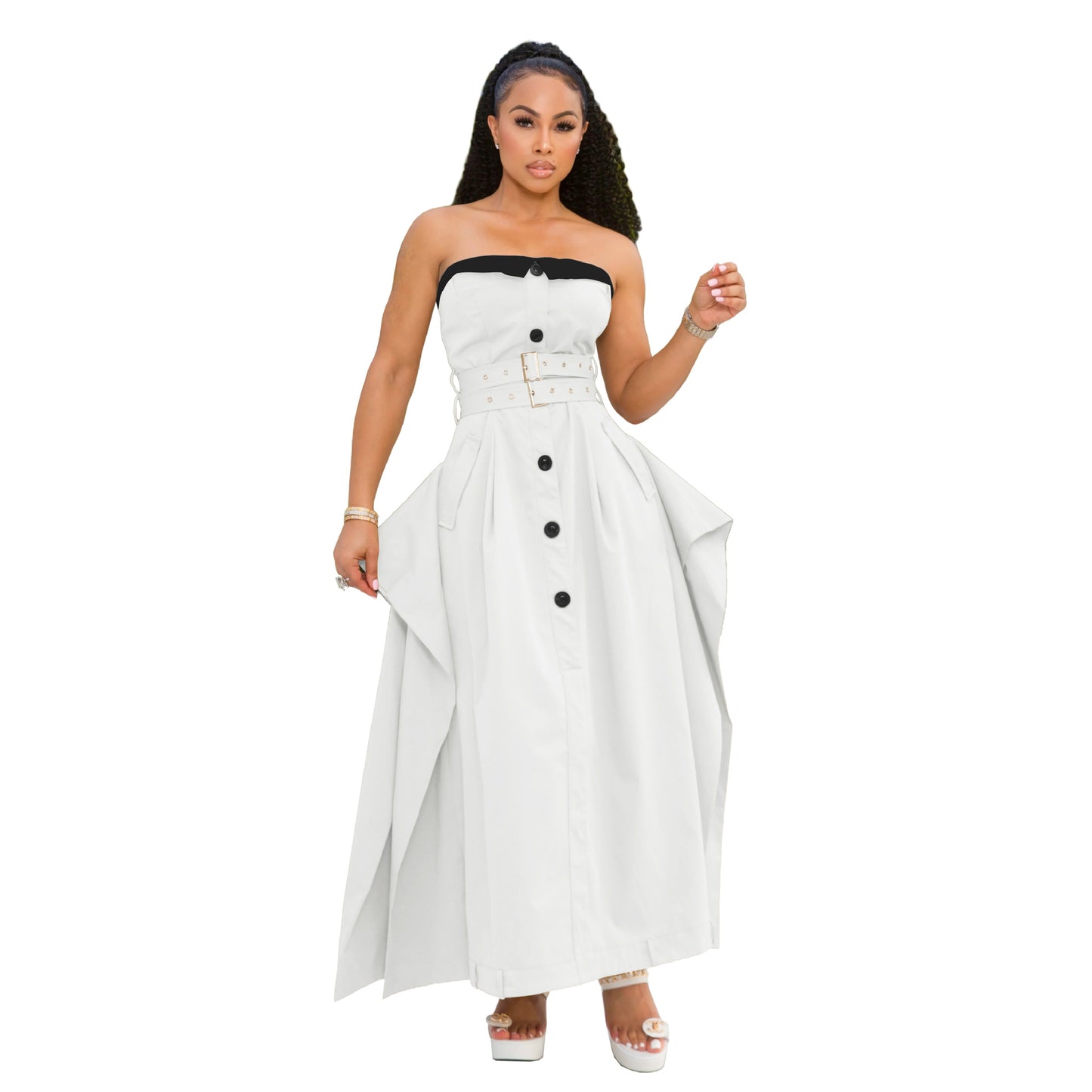 Single-breasted double-belt wrap dress with a wide skirt