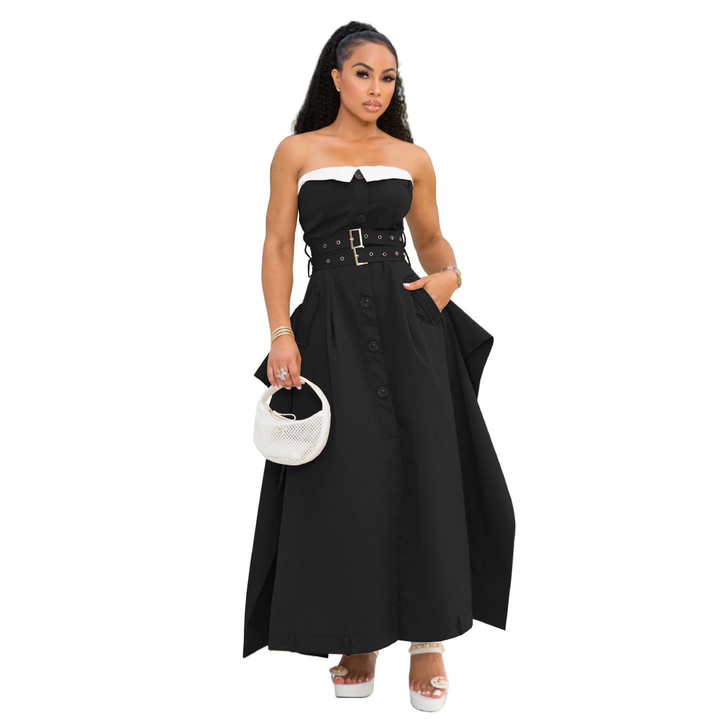 Single-breasted double-belt wrap dress with a wide skirt
