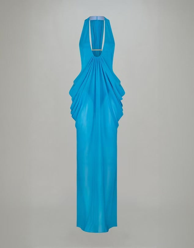 Halter neck deep V backless dress with drape