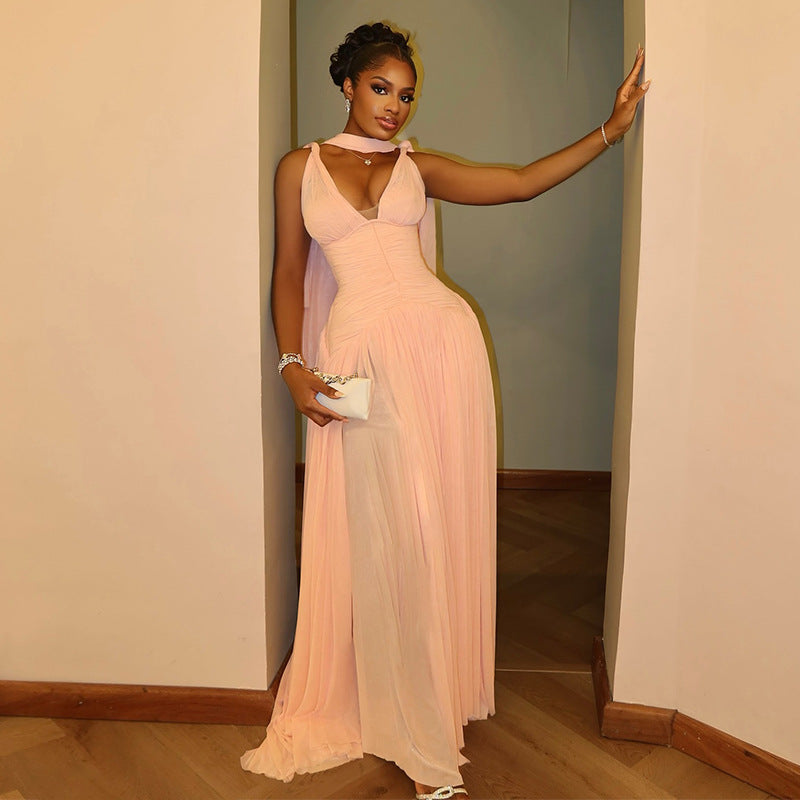 V-neck high-waisted slimming mesh maxi dress