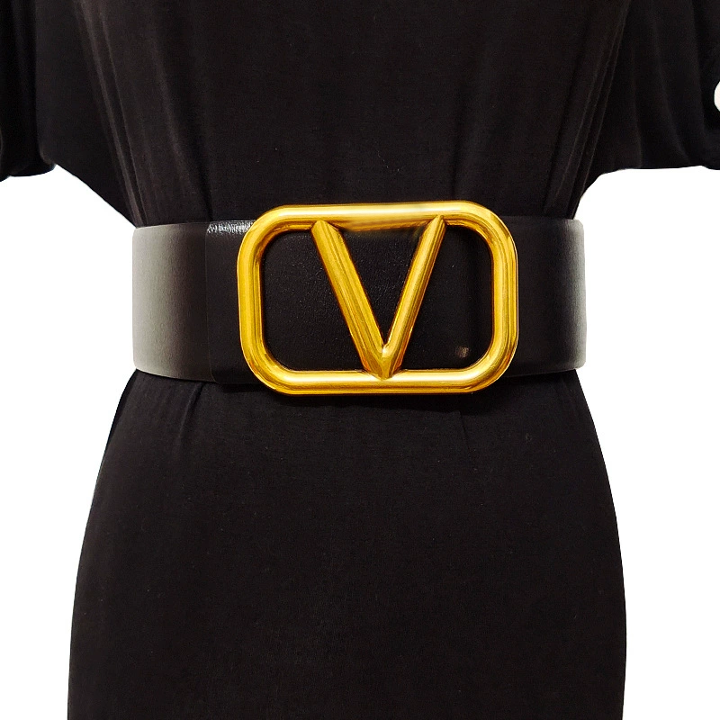 Large V letter buckle genuine leather belt