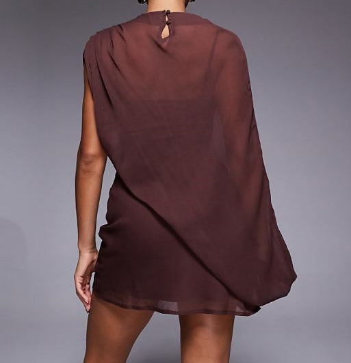 High-neck flowy asymmetric mini dress