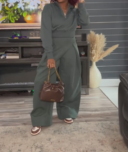 Zippered Cropped Sweatshirt + High-Waisted Pleated Pants