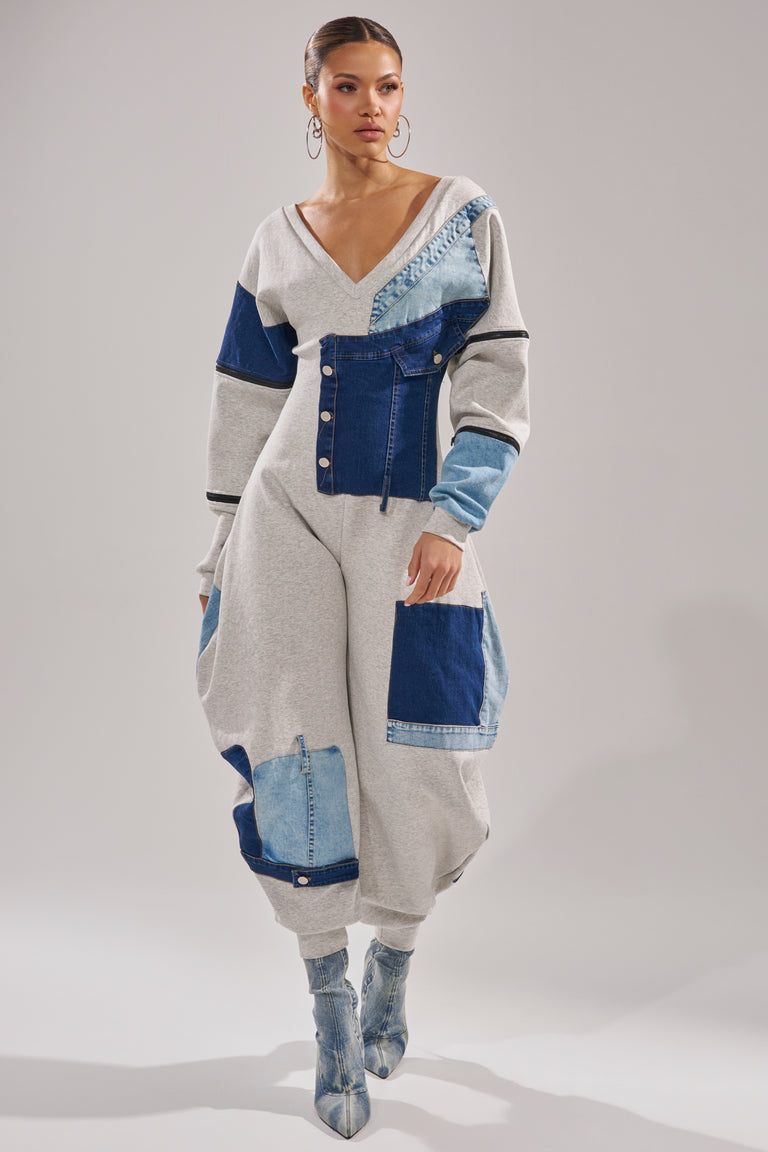COMFY COZY JUMPSUIT IN DENIM PATCHWORK
