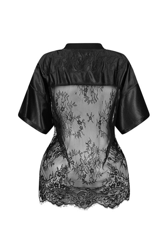 Oversized short-sleeved V-neck lace knit top