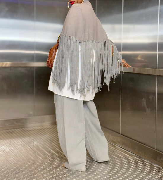 Gray fringed shawl coat