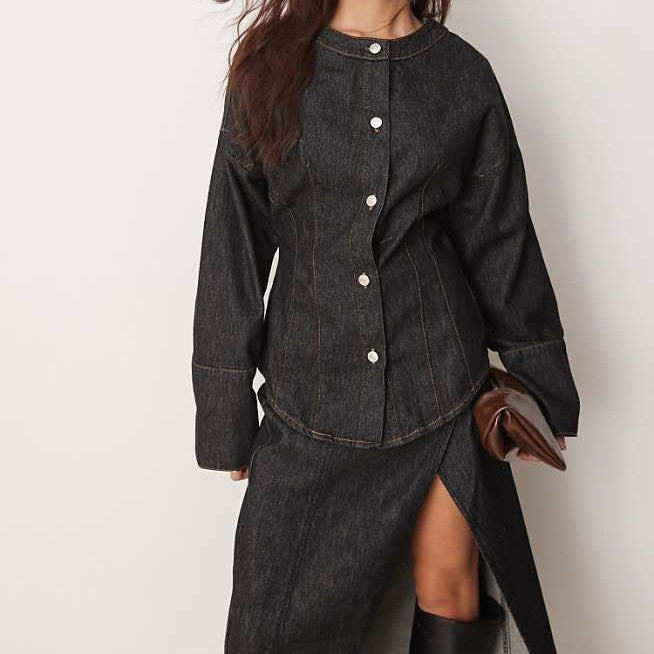 Round neck denim top + one piece denim midi skirt suit