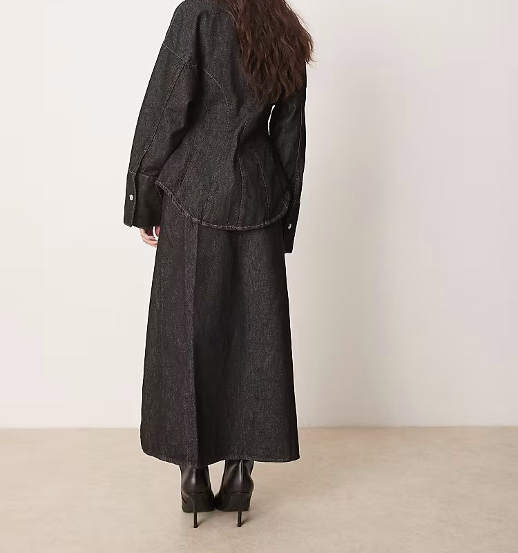 Round neck denim top + one piece denim midi skirt suit