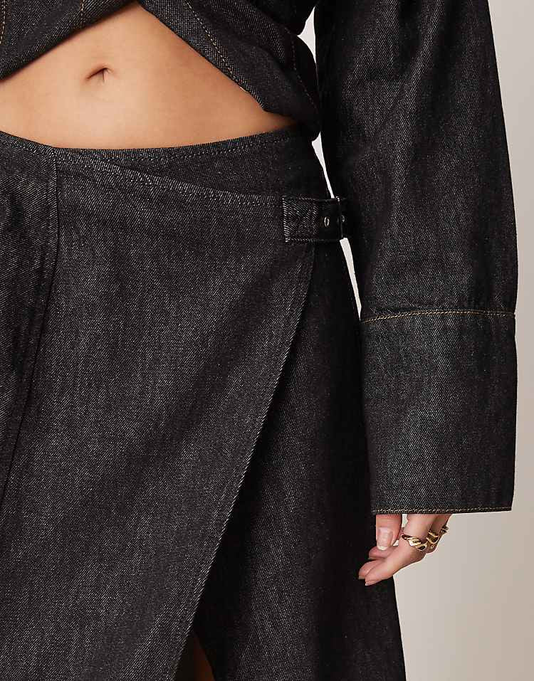 Round neck denim top + one piece denim midi skirt suit