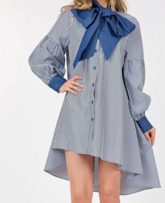Irregular-hem striped shirt dress with bow tie