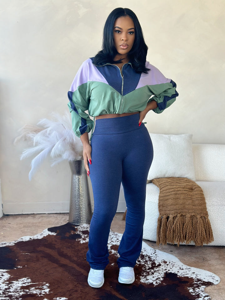 Two-piece trousers with drawstring jacket