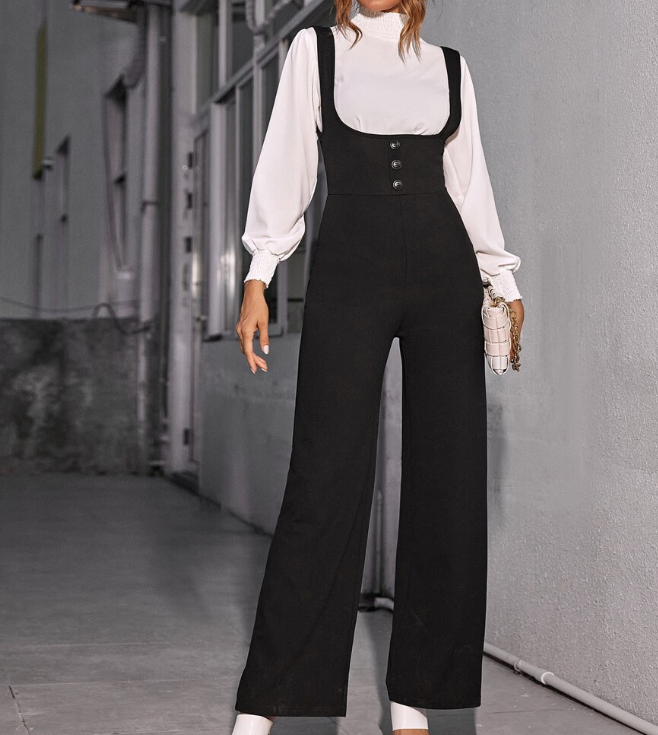 High waist button front wide leg jumpsuit