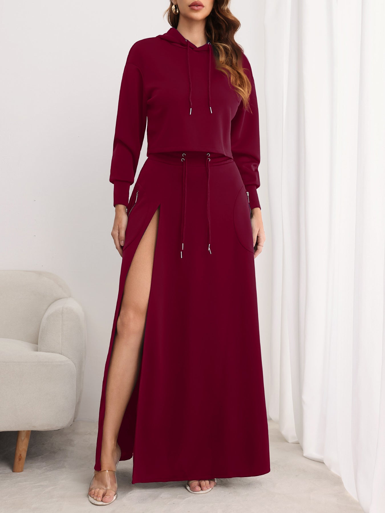 Cropped hoodie & slit skirt set