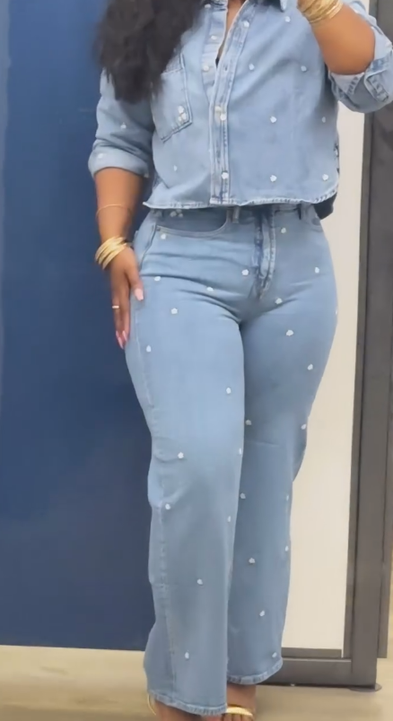 Floral embroidered denim suit
