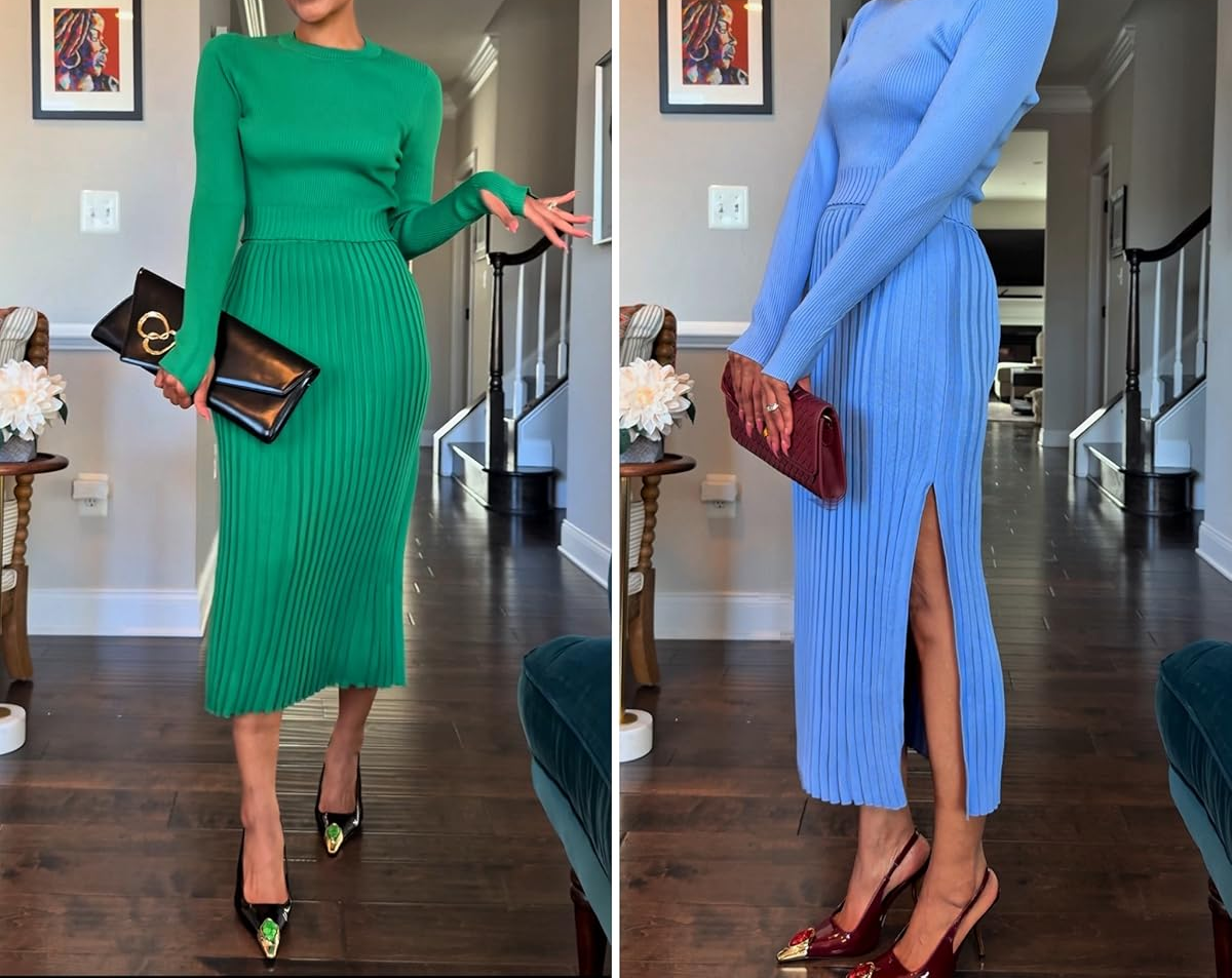 Knitted sweater pleated dress set