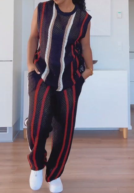 Oversized Open Stitch Stripe Knitted Tank & Pants Set