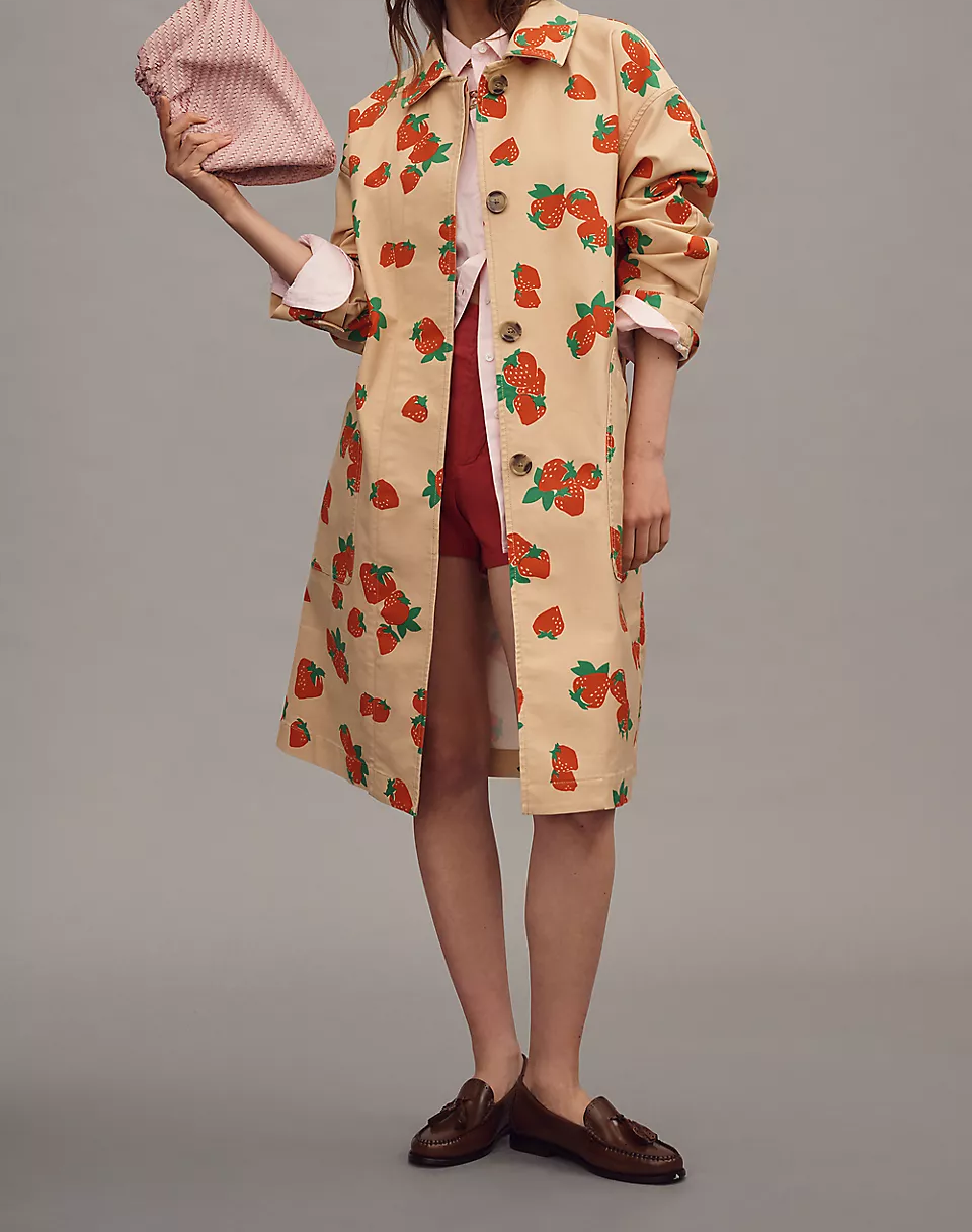 Strawberry Print Long Trench Coat