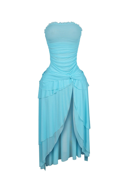 Strapless Mesh Ruffle Midi Dress