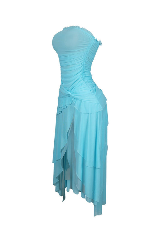 Strapless Mesh Ruffle Midi Dress