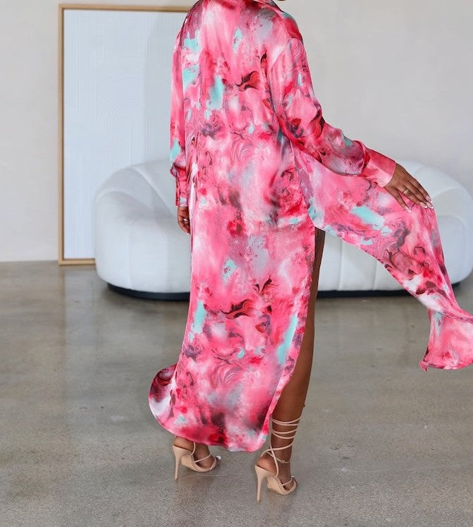 Tie-dyed transparent satin top + matching shorts