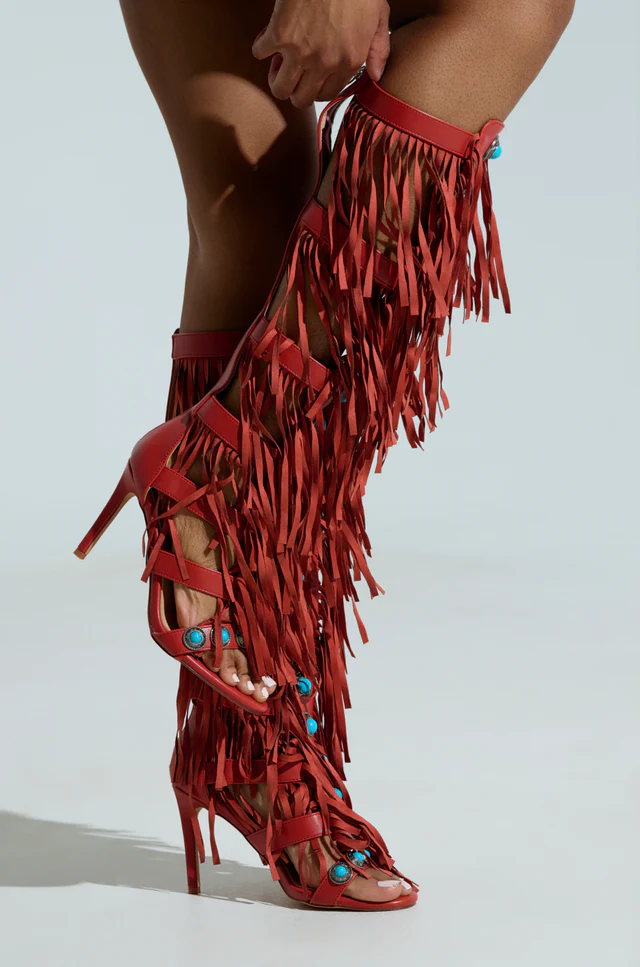 Red high heel open toe tassel sandals