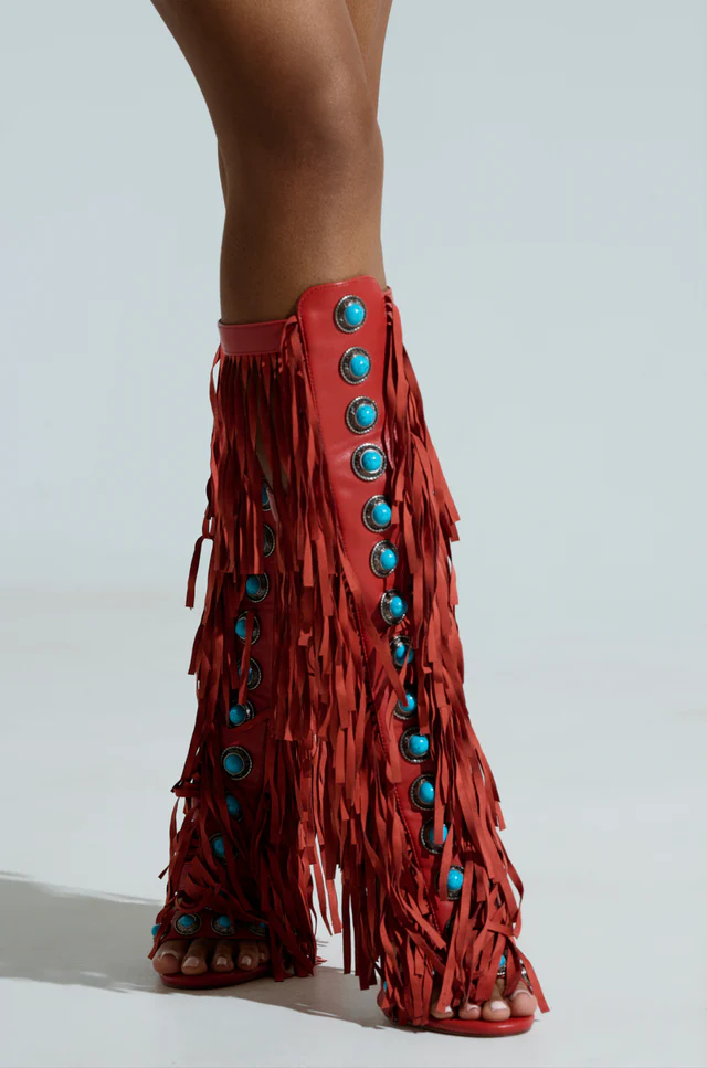 Red high heel open toe tassel sandals