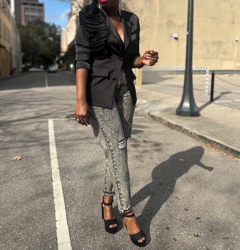3D Pleated Floral Satin Blazer