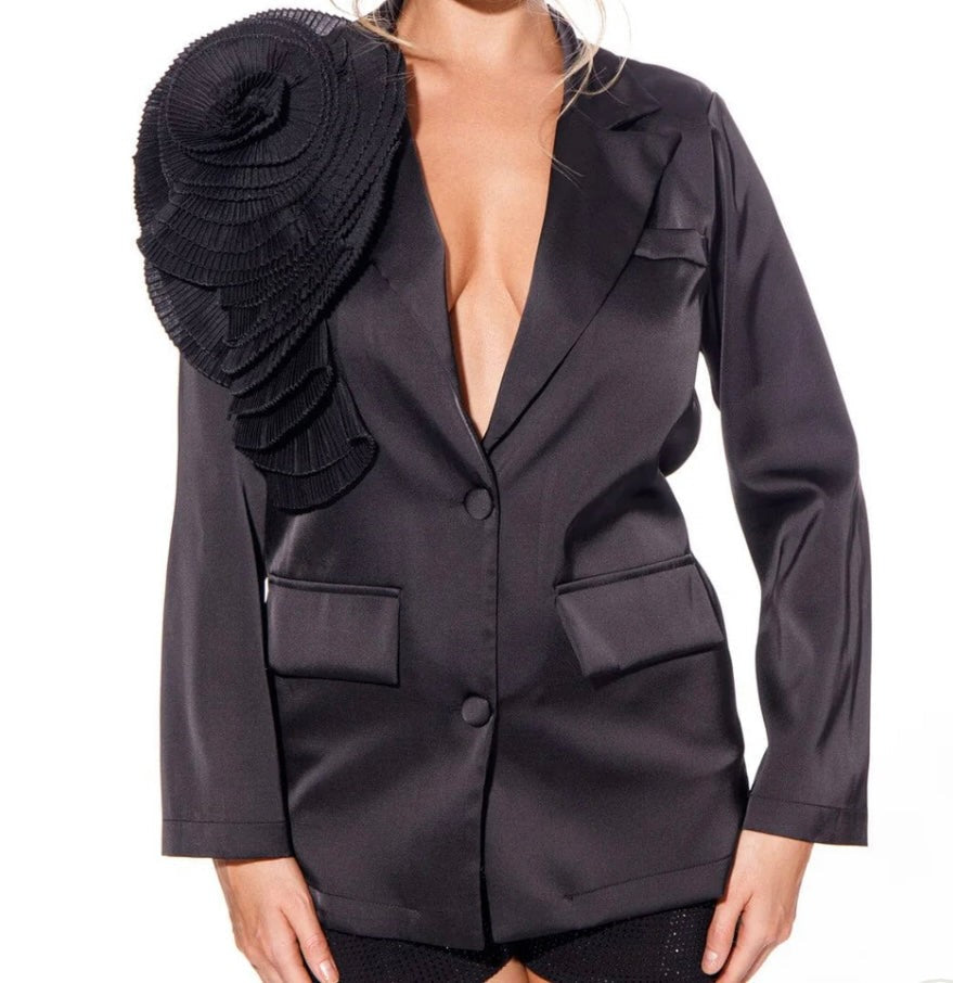 3D Pleated Floral Satin Blazer
