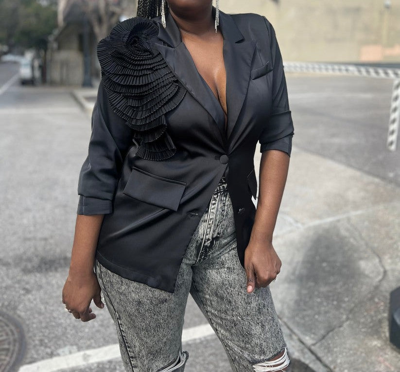 3D Pleated Floral Satin Blazer