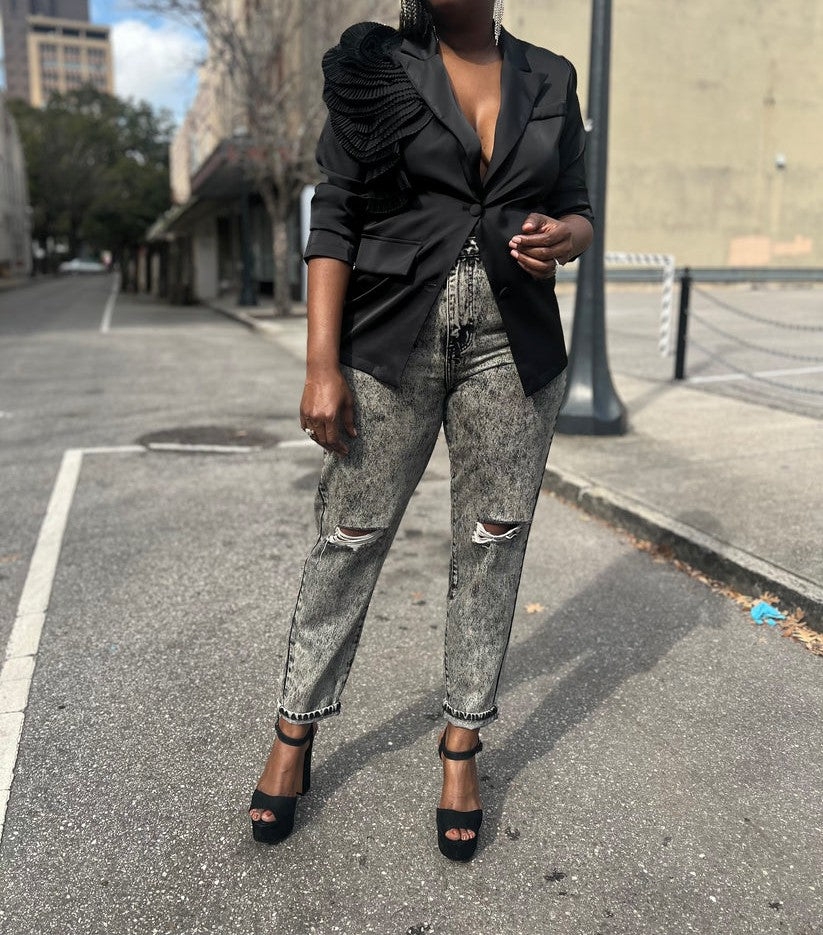 3D Pleated Floral Satin Blazer