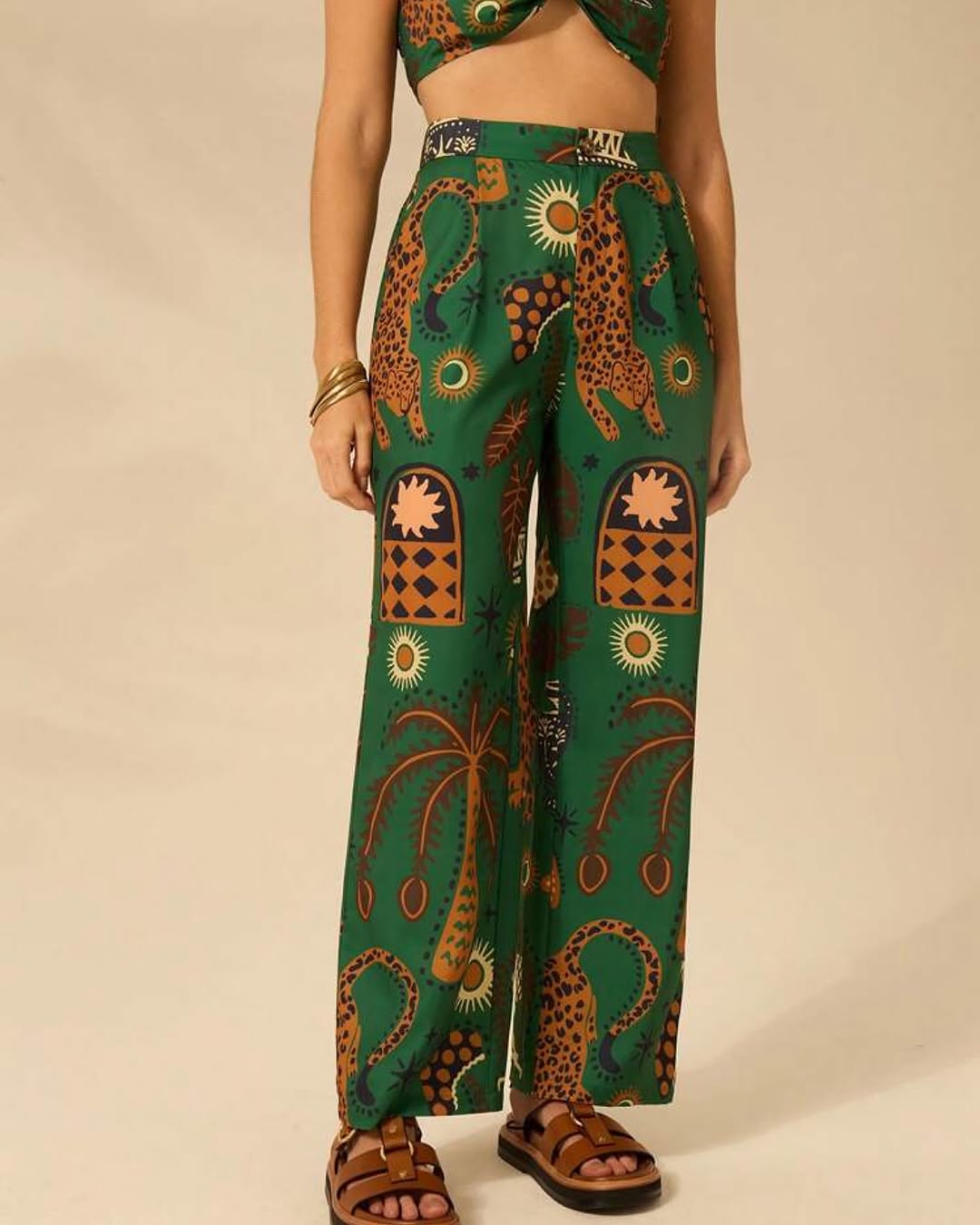 Tropical Leopard Colorblock Casual Straight Pants + Vest Set