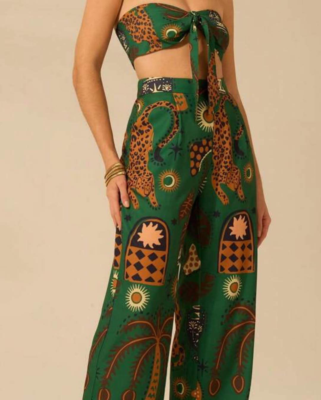 Tropical Leopard Colorblock Casual Straight Pants + Vest Set