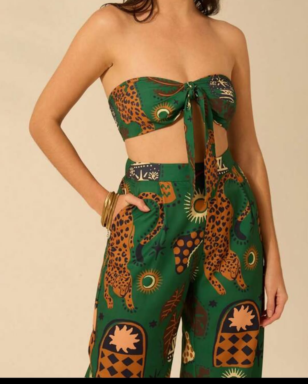 Tropical Leopard Colorblock Casual Straight Pants + Vest Set