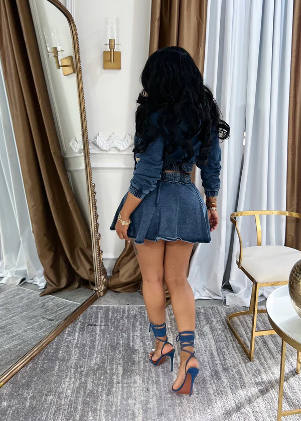 Washed denim skirt suit