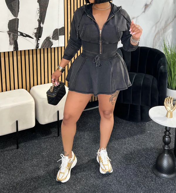 Washed denim skirt suit