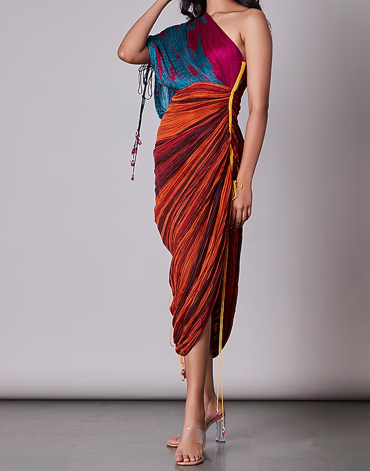 Printed Multicolor Pleated Irregular Dress