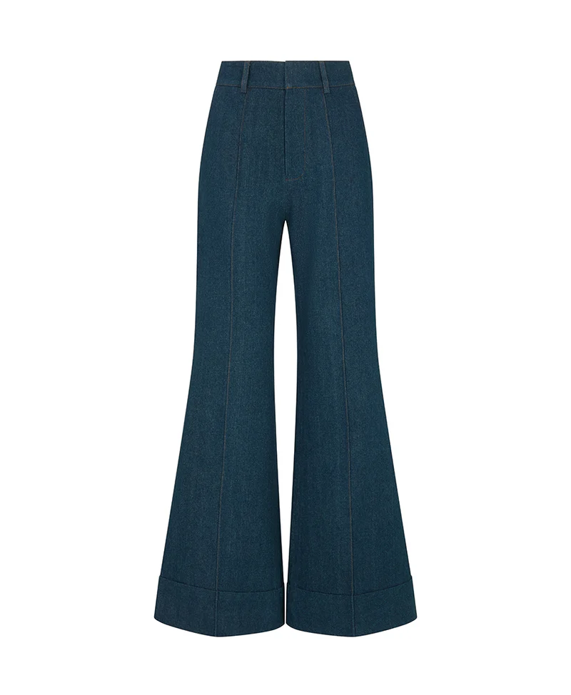 Double-breasted denim suit jacket + denim flared pants set