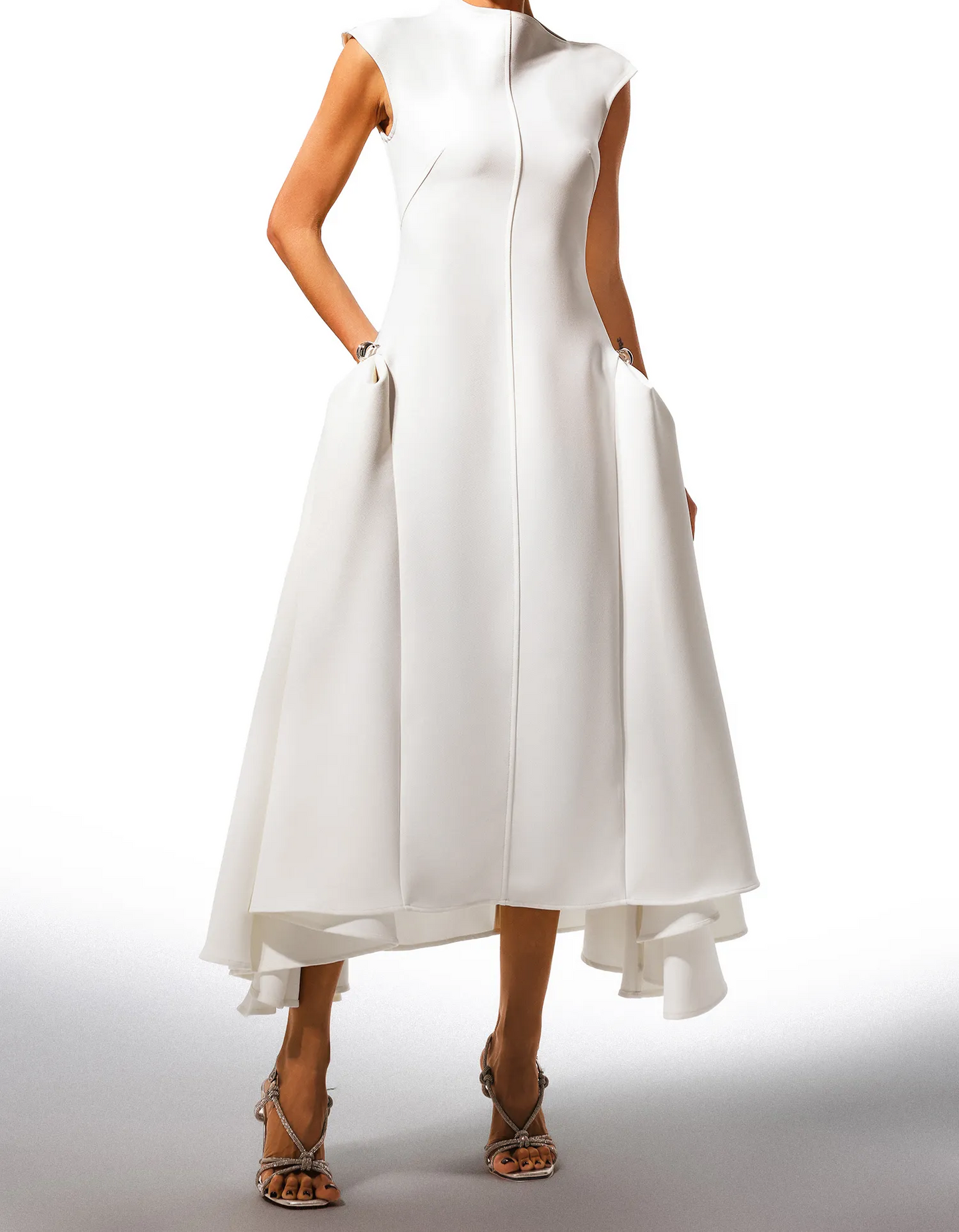 White Round Neck Sleeveless Irregular Hem Midi Dress
