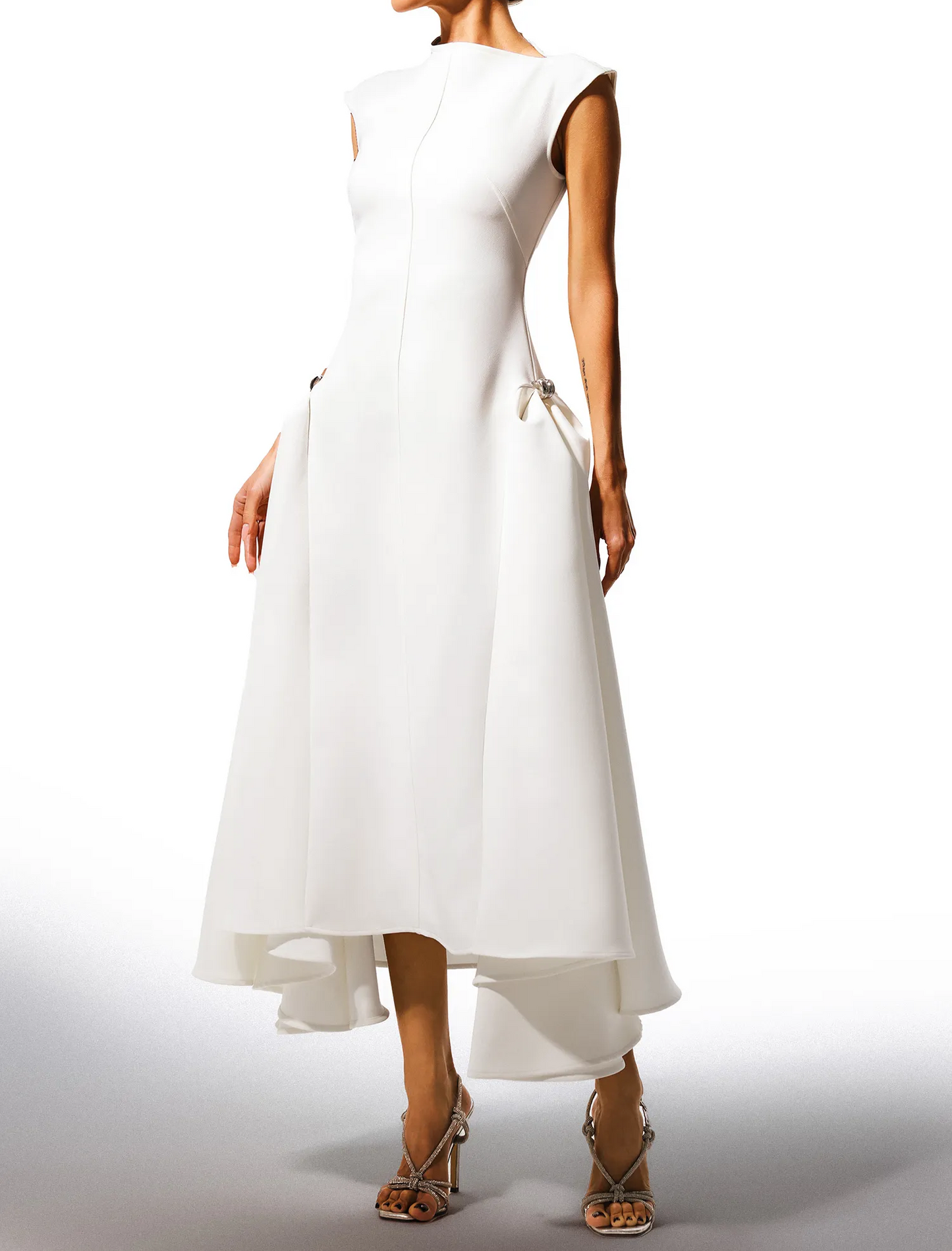 White Round Neck Sleeveless Irregular Hem Midi Dress